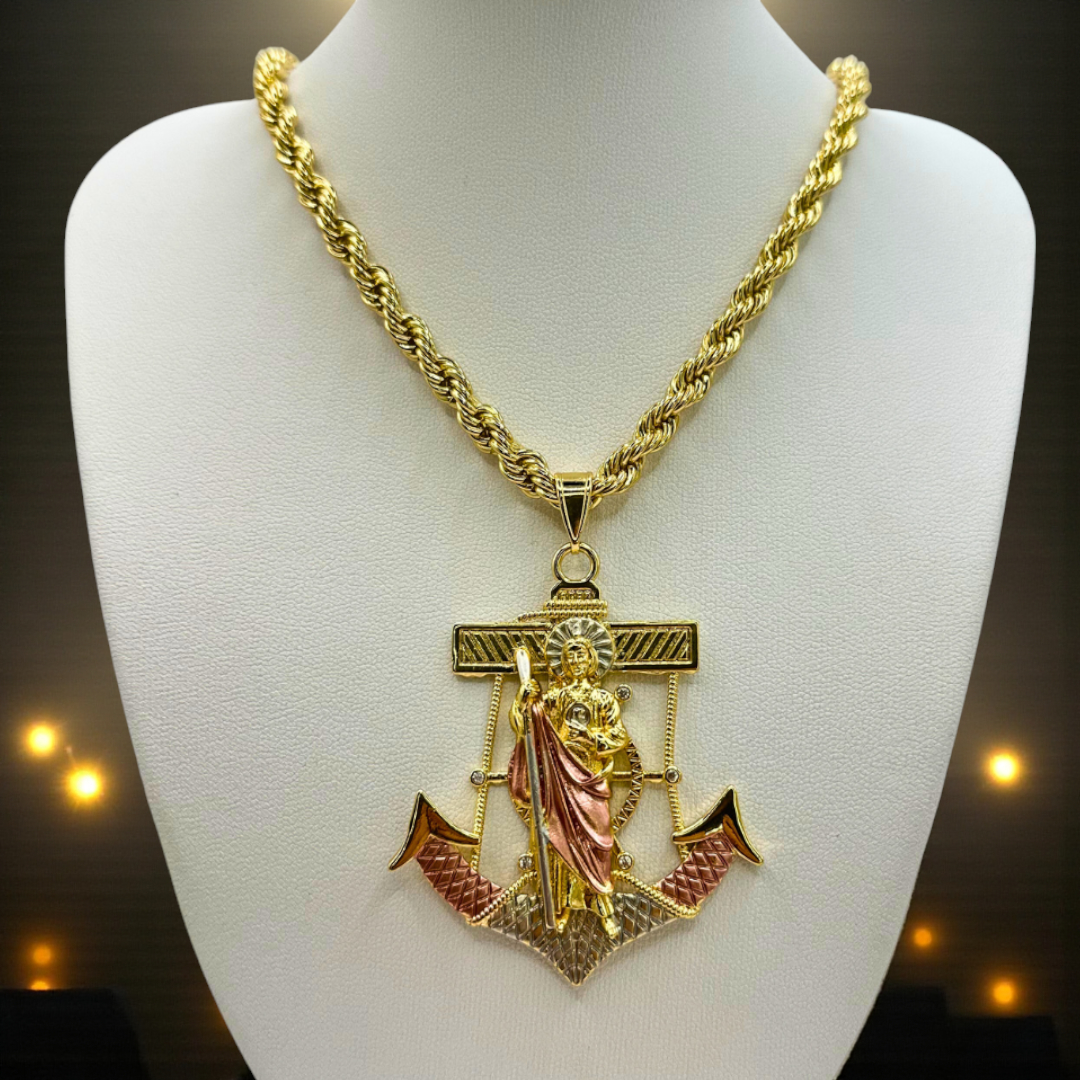 Cadena Torzal 5mm Con San Judas Ancla en Oro Laminado de 18K