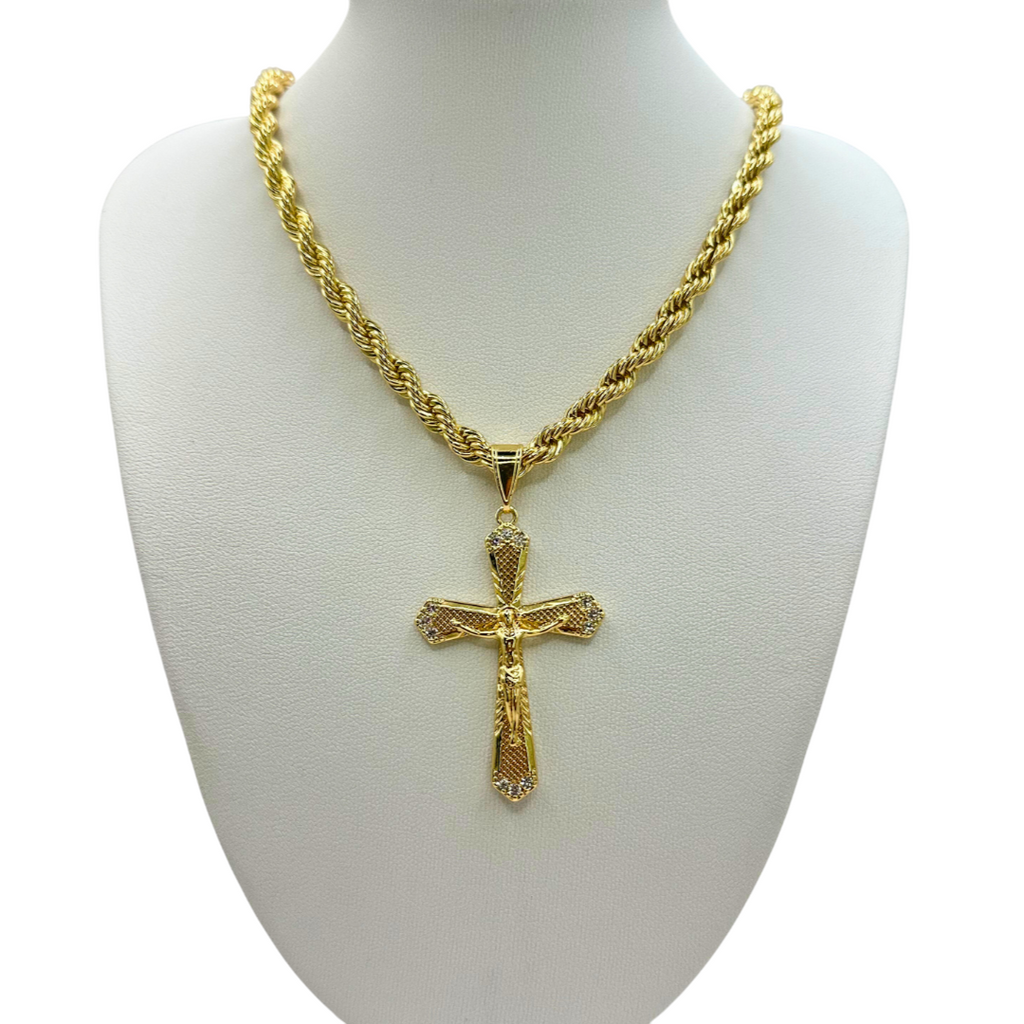 Cadena Torzal 5mm Con Cristo en Oro Laminado de 18K