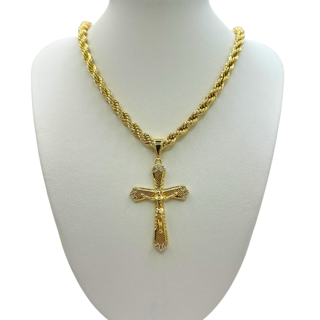Cadena Torzal 5mm Con Cristo en Oro Laminado de 18K