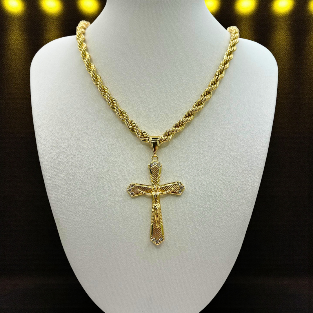 Cadena Torzal 5mm Con Cristo en Oro Laminado de 18K