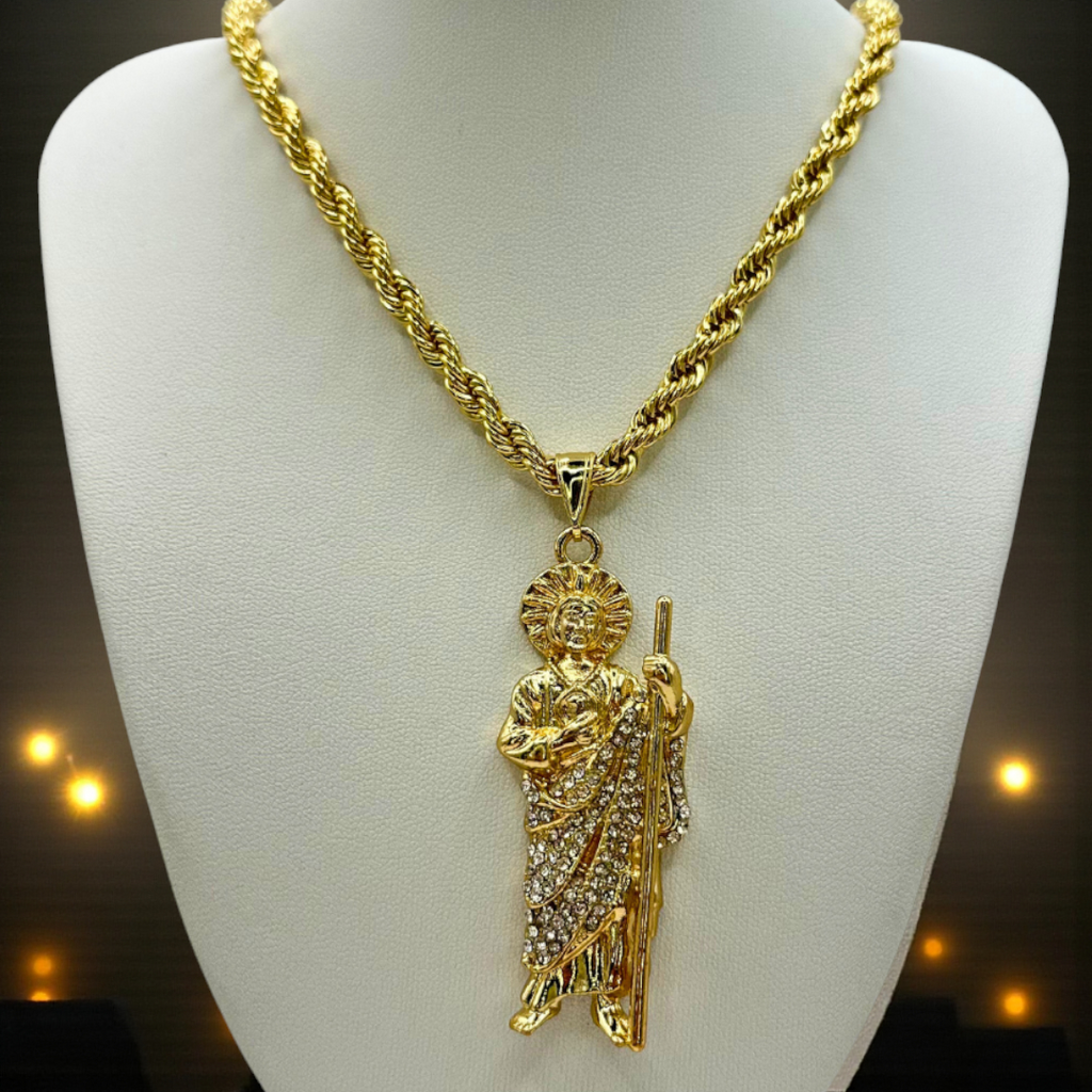 Cadena Torzal 5mm Con San Judas Blanco en Oro Laminado de 18K