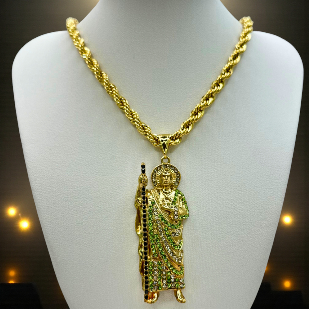 Cadena Torzal 5mm Con San Judas Verde en Oro Laminado de 18K