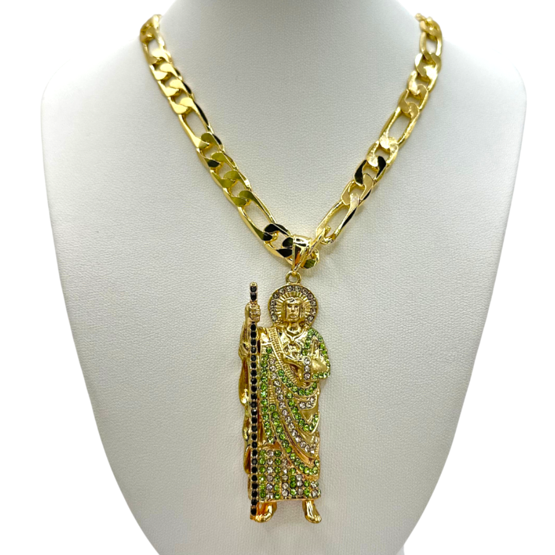 Cadena Cartier 8mm Con San Judas Verde en Oro Laminado de 18K