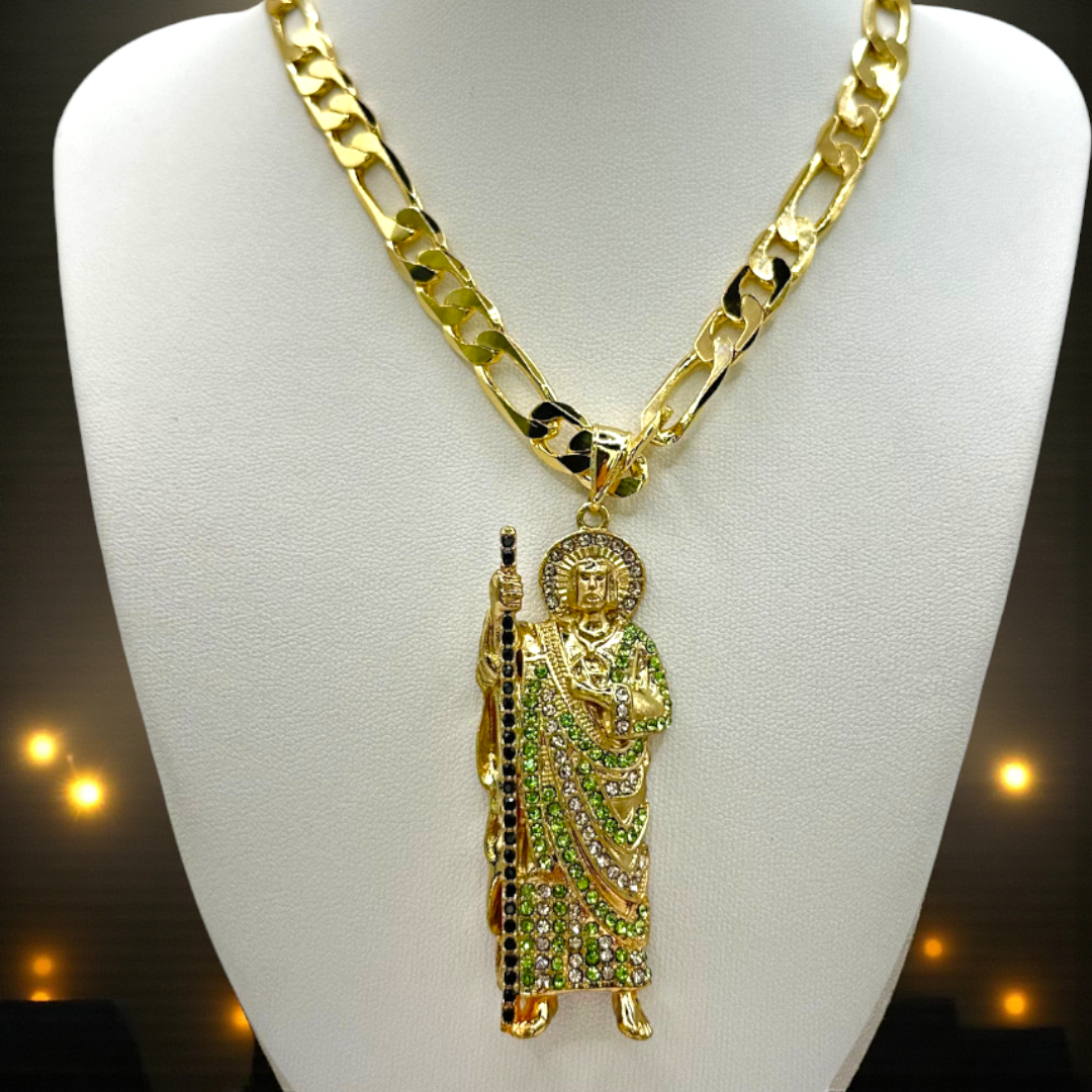 Cadena Cartier 8mm Con San Judas Verde en Oro Laminado de 18K