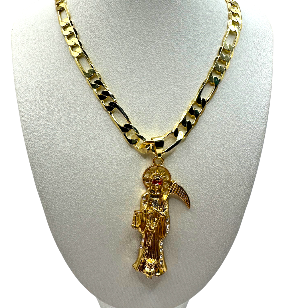 Cadena Cartier 8mm Con Santa Muerte Dorada en Oro Laminado de 18K