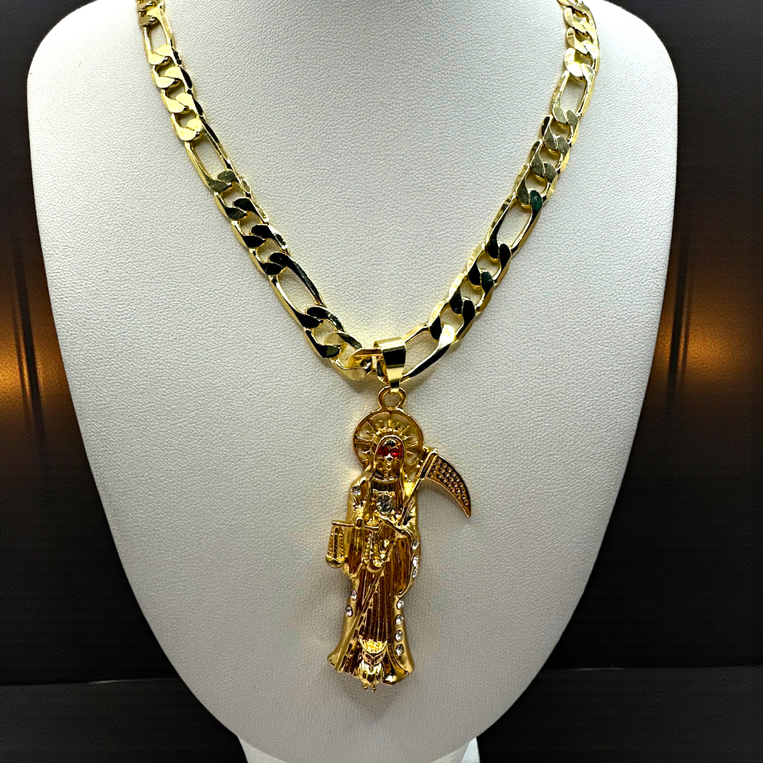 Cadena Cartier 8mm Con Santa Muerte Dorada en Oro Laminado de 18K