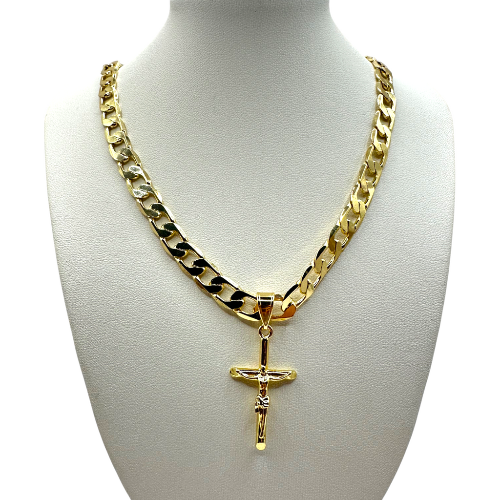 Cadena Barbada 8mm Con Cristo en Oro Laminado de 18K