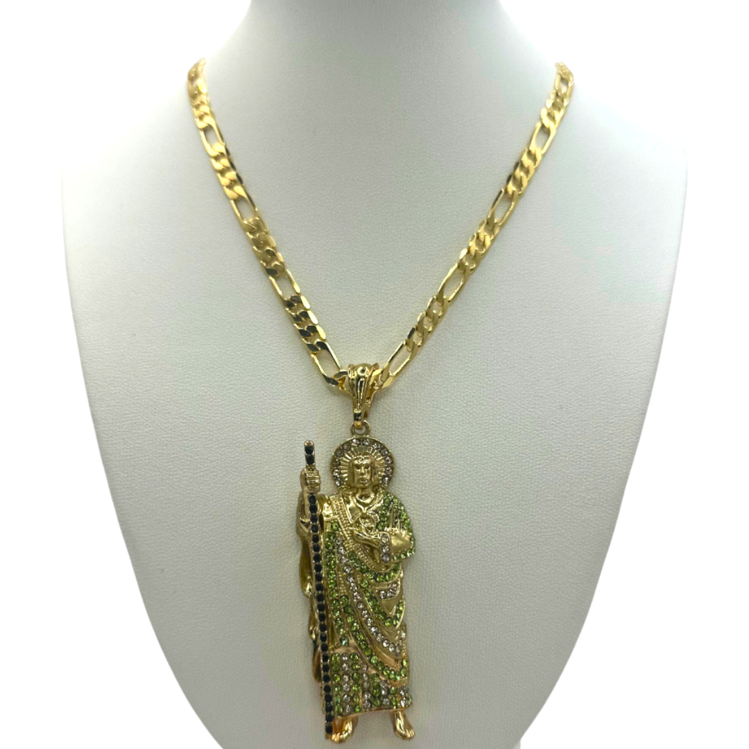 Cadena Cartier 5mm Con San Judas Diamantado Verde en Oro Laminado de 18K
