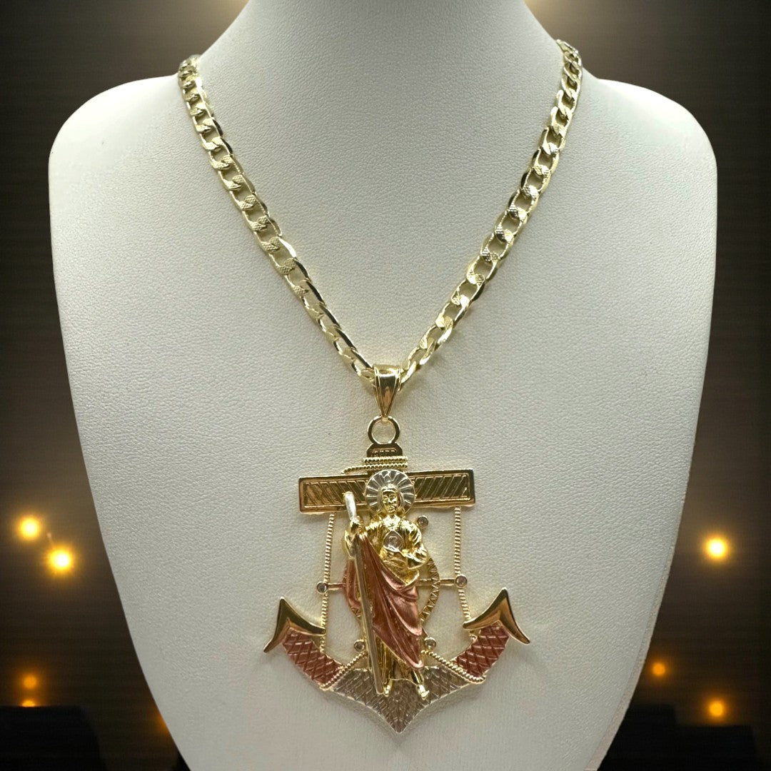 Cadena Barbada 5mm Con San Judas Ancla en Oro Laminado de 18K