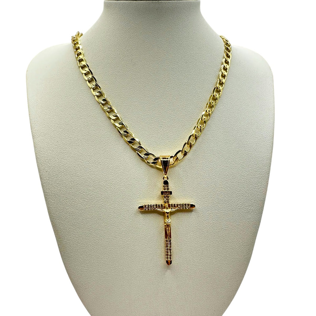 Cadena Barbada 5mm Con Cristo Diamantado en Oro Laminado de 18K