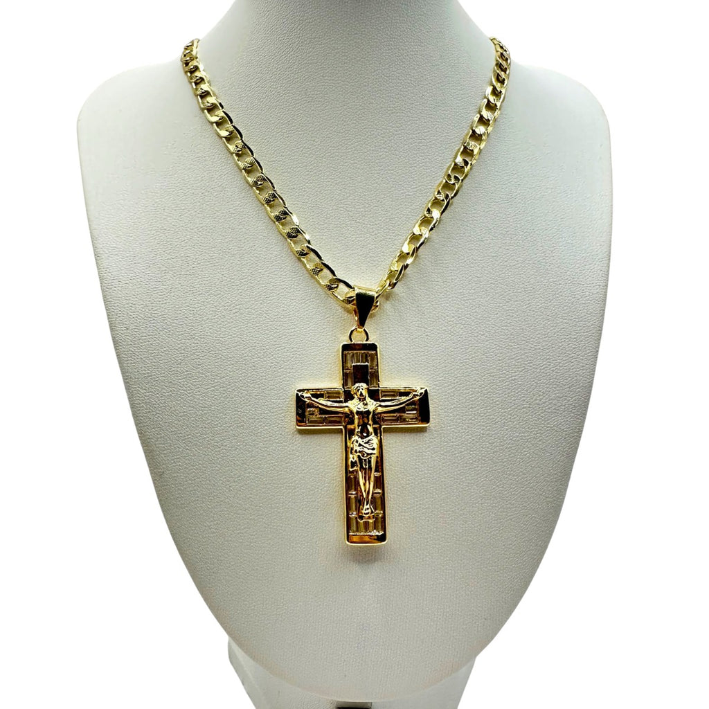 Cadena Barbada 5mm Con Cristo en Oro Laminado de 18K