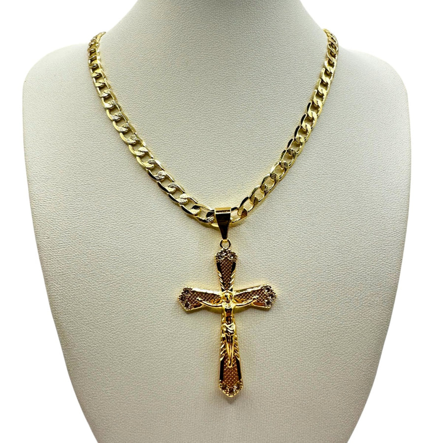 Cadena Barbada 5mm Con Cristo Picudo en Oro Laminado de 18K