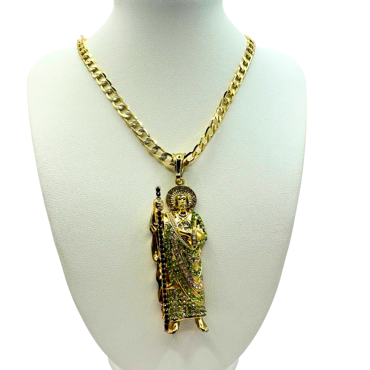 Cadena Barbada 5mm Con San Judas Verde en Oro Laminado de 18K
