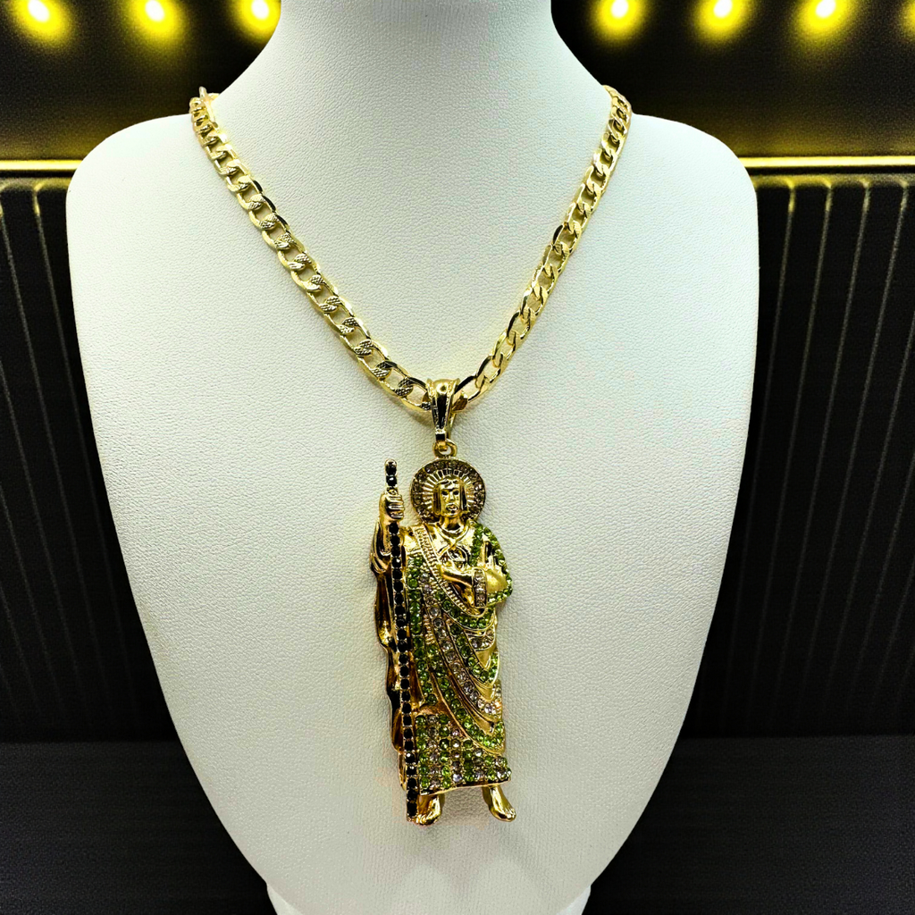 Cadena Barbada 5mm Con San Judas Verde en Oro Laminado de 18K