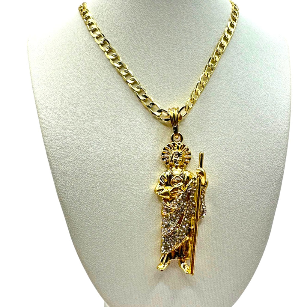 Cadena Barbada 5mm Con San Judas Blanco en Oro Laminado de 18K