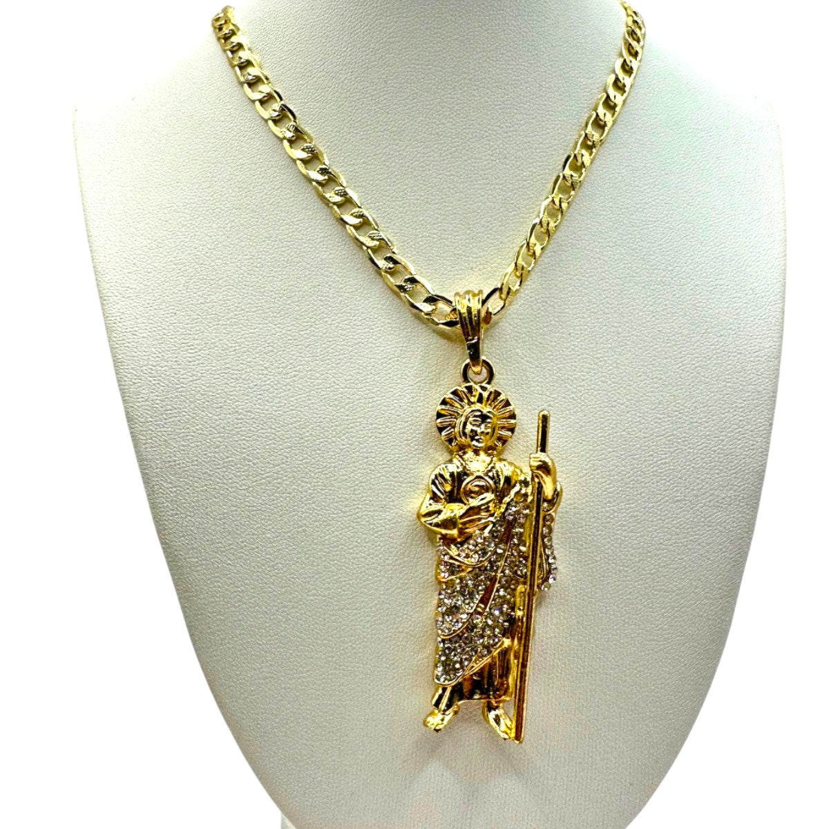 Cadena Barbada 5mm Con San Judas Blanco en Oro Laminado de 18K