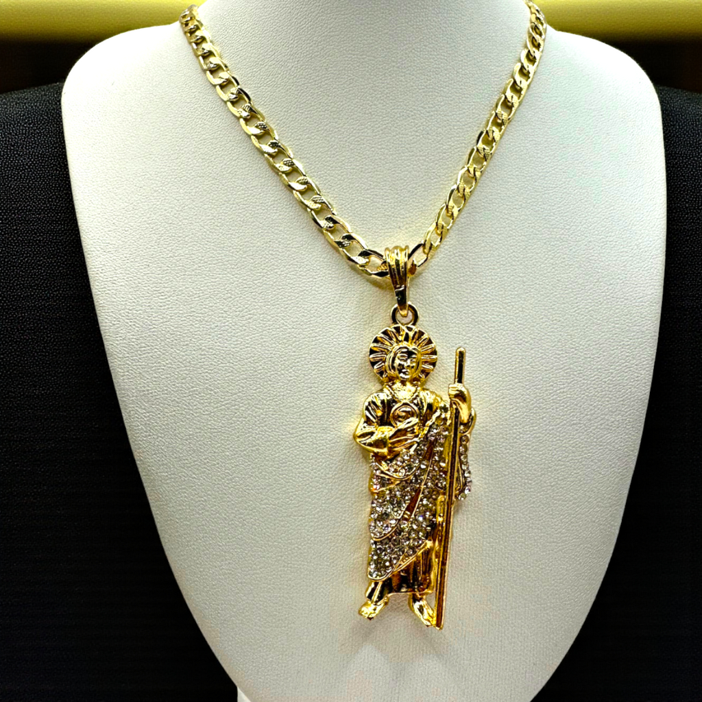 Cadena Barbada 5mm Con San Judas Blanco en Oro Laminado de 18K