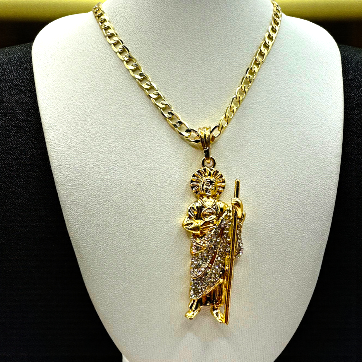 Cadena Barbada 5mm Con San Judas Blanco en Oro Laminado de 18K