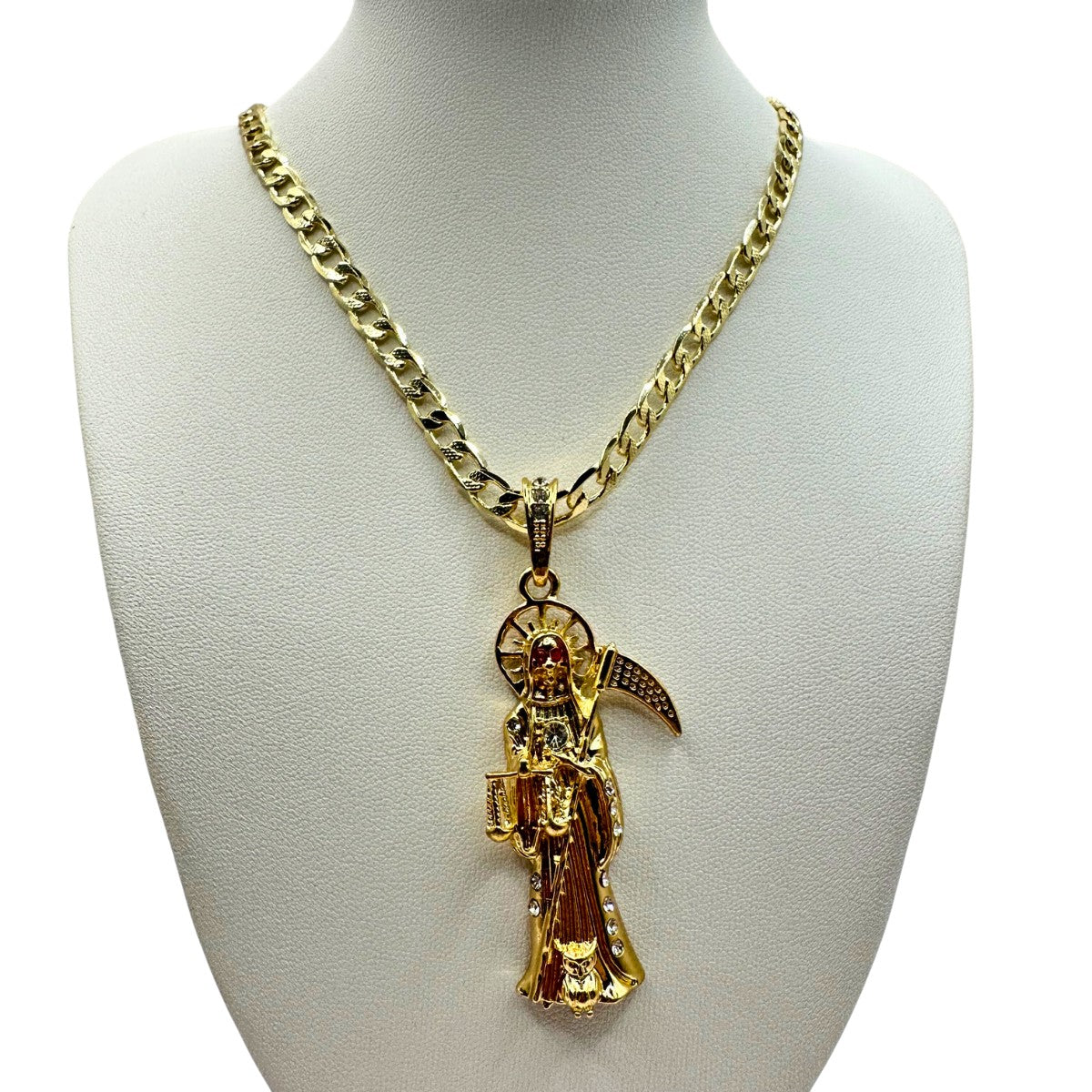 Cadena Barbada 5mm Con Santa Muerte Dorada en Oro Laminado de 18K