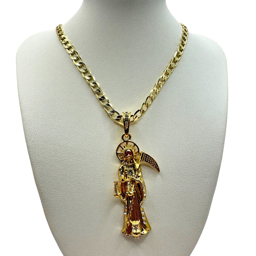 Cadena Barbada 5mm Con Santa Muerte Dorada en Oro Laminado de 18K