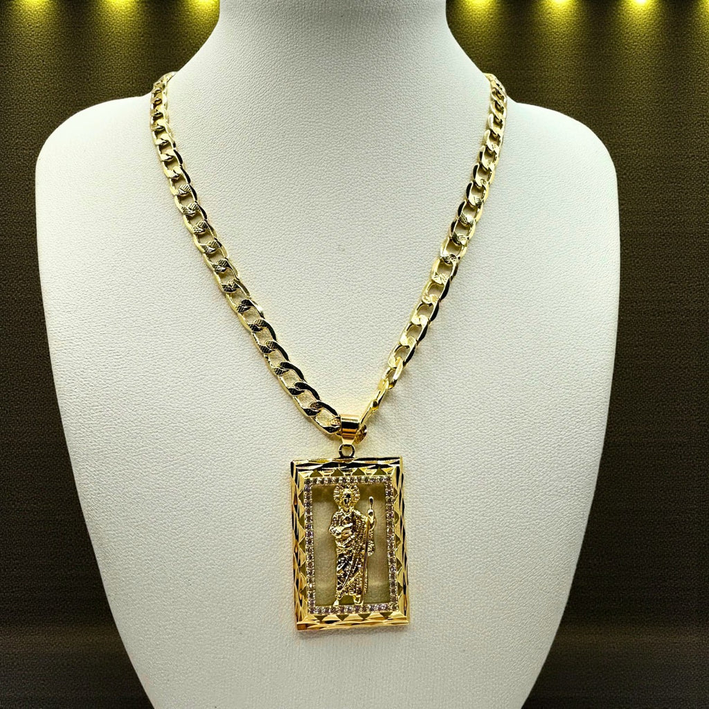 Cadena Barbada 5mm Con San Judas Cuadrado en Oro Laminado de 18K