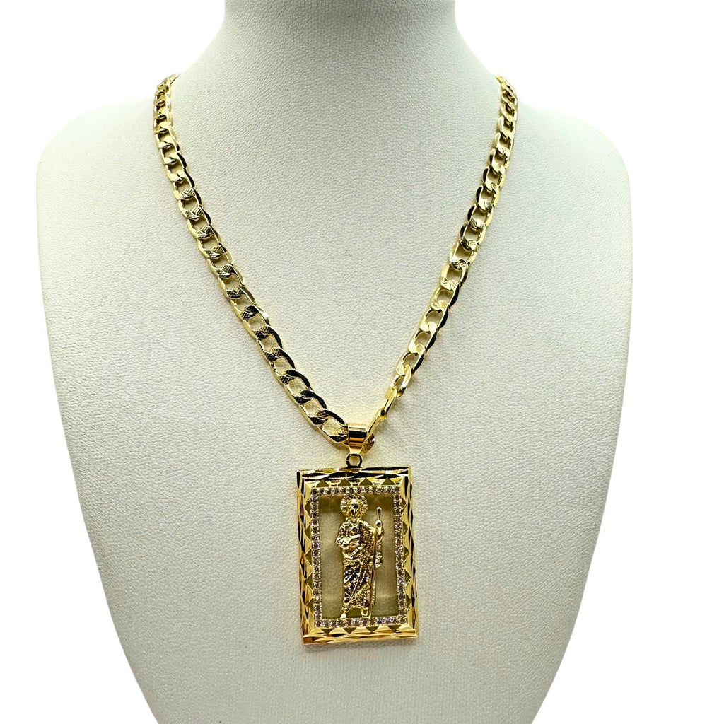 Cadena Barbada 5mm Con San Judas Cuadrado en Oro Laminado de 18K