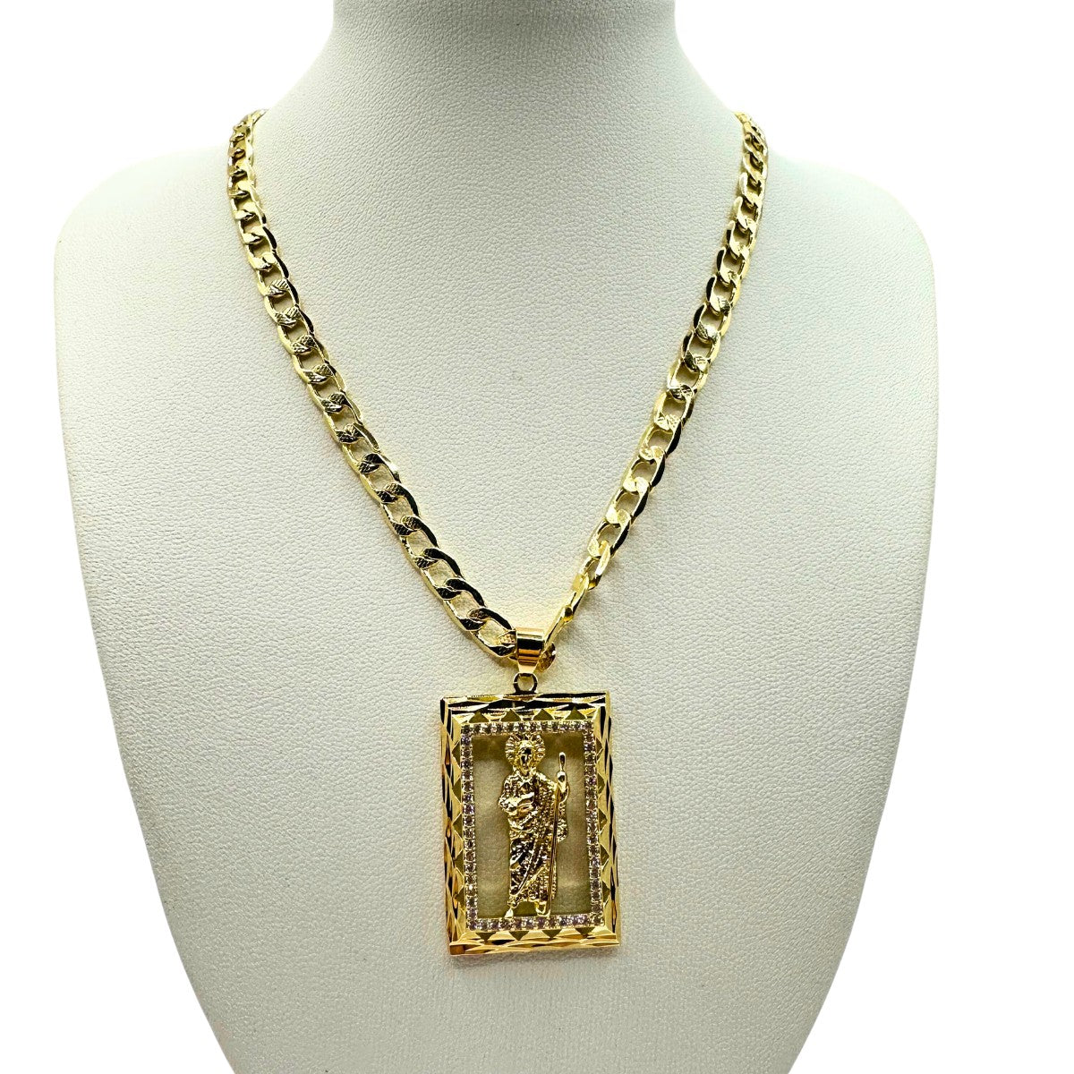 Cadena Barbada 5mm Con San Judas Cuadrado en Oro Laminado de 18K