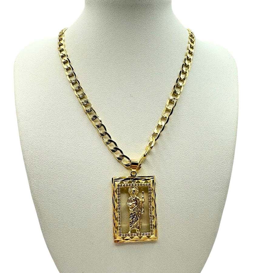 Cadena Barbada 5mm Con San Judas Cuadrado en Oro Laminado de 18K