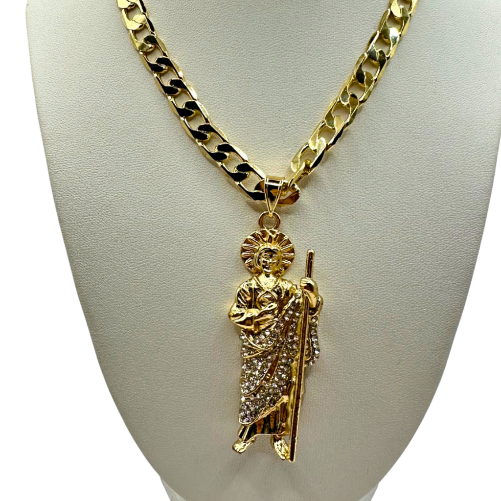 Cadena Barbada 8mm Con San Judas Blanco en Oro Laminado de 18K